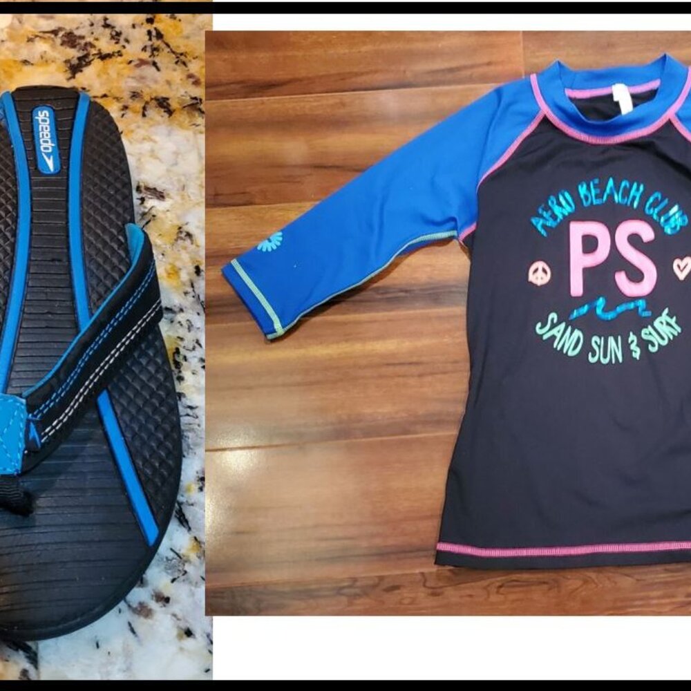 Girls Swim Shirt Aero Rashguard SPF UV50 Neon Sz L 12 $39 + Speedo Sandals 6